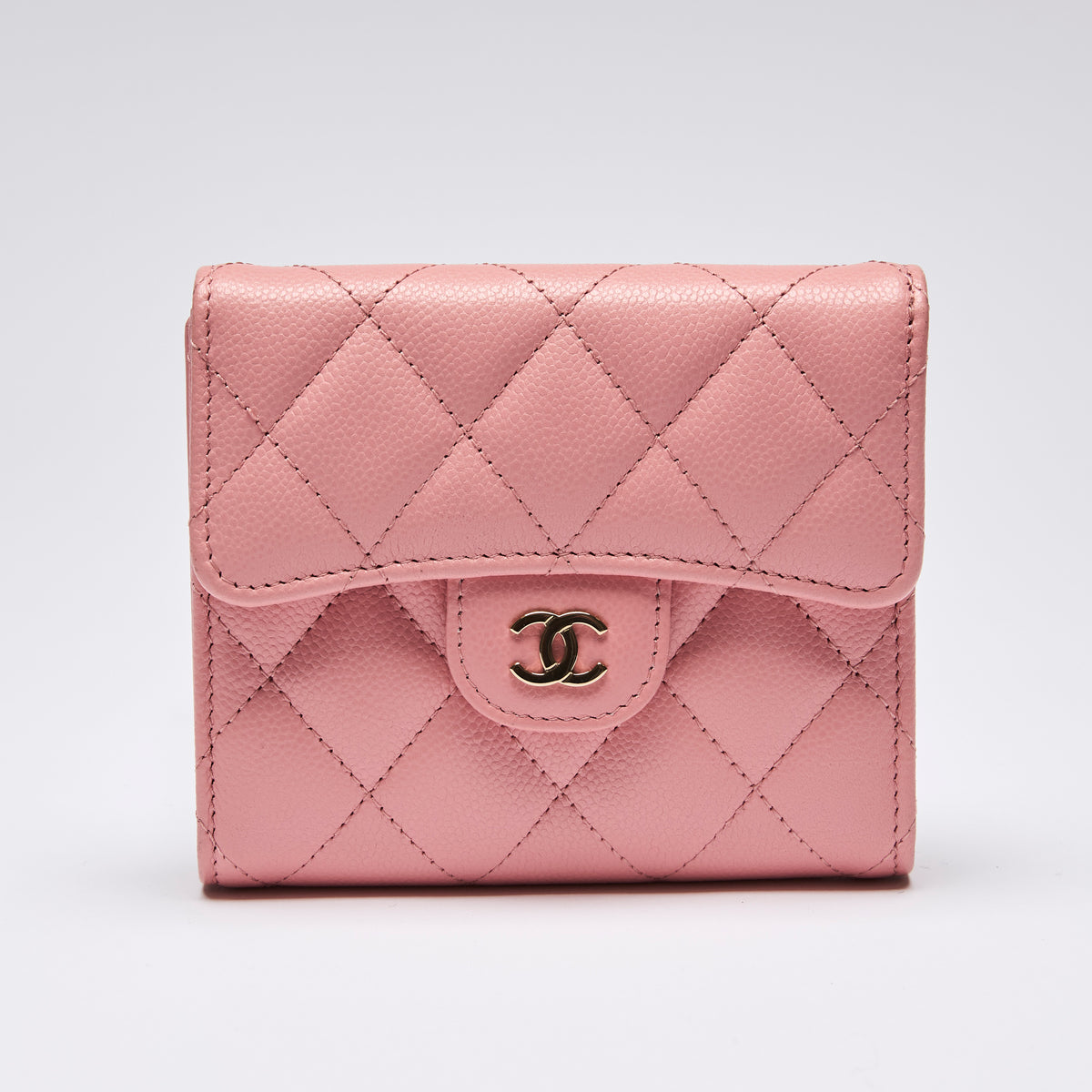 Pre-Loved Chanel™ Pink Caviar Flap Compact Wallet (Front)