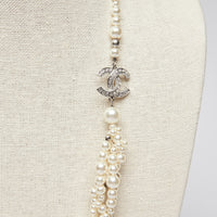 Excellent Pre-Loved Pearl Twist Long Necklace with Silver Tone Crystal Embellished Logo.(logo)