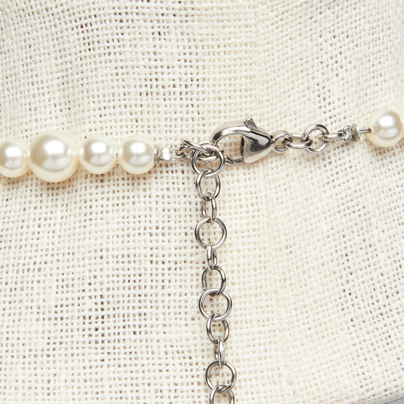 Excellent Pre-Loved Pearl Twist Long Necklace with Silver Tone Crystal Embellished Logo.(clasp)