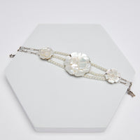 Excellent Pre-Loved Mother of Pearl 3 Camellia Bracelet with Glass Pearls.(front)