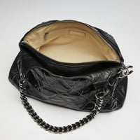 Pre-Loved Black Crumpled Leather Top Zip Shoulder Chain Bag with White Stitching and Logo Zipper Pull (interior)