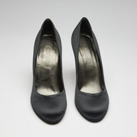 Excellent Pre-Loved Black Satin Round Toe Pumps with Black Strass Ornate Heel. (front)