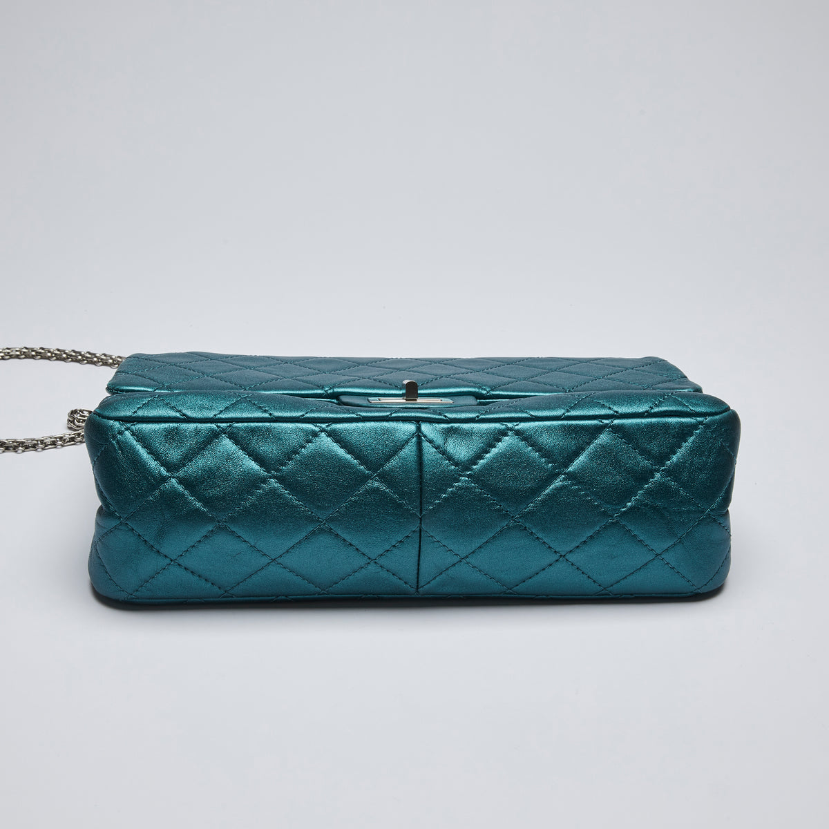 Excellent Pre-Loved Teal Metallic Leather Large Double Flap Bag with Ruthenium Bijou Chain and Turn Lock.(bottom)