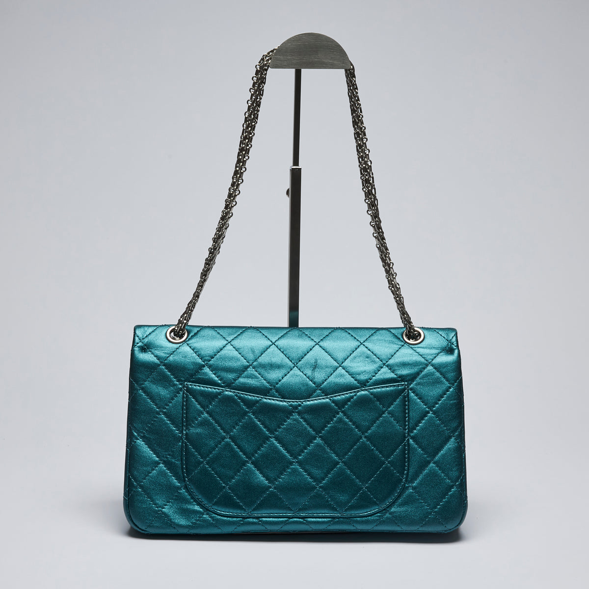 Excellent Pre-Loved Teal Metallic Leather Large Double Flap Bag with Ruthenium Bijou Chain and Turn Lock.(back)