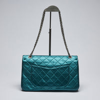 Excellent Pre-Loved Teal Metallic Leather Large Double Flap Bag with Ruthenium Bijou Chain and Turn Lock.(back)