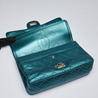 Excellent Pre-Loved Teal Metallic Leather Large Double Flap Bag with Ruthenium Bijou Chain and Turn Lock.(flap)