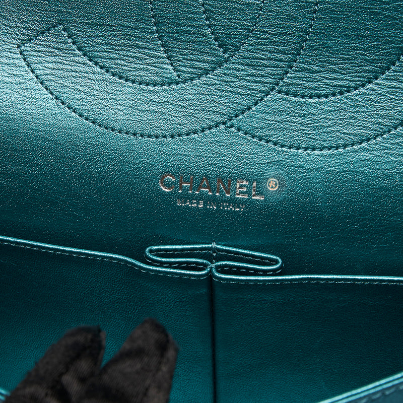 Excellent Pre-Loved Teal Metallic Leather Large Double Flap Bag with Ruthenium Bijou Chain and Turn Lock. (logo)
