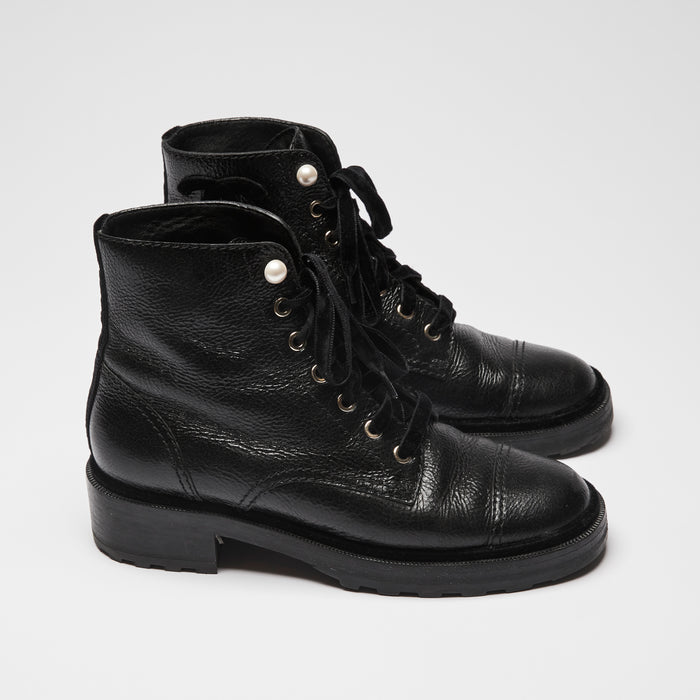 Pre-Loved Black Leather Ankle Combat Boots with Pearl Details, Tonal Velvet Logo and Laces (side)