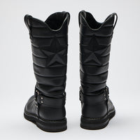 Pre-Loved Black Quilted Leather Biker Style Mid-Calf Boots with Silver Tone Buckles and Ankle Straps. (back)