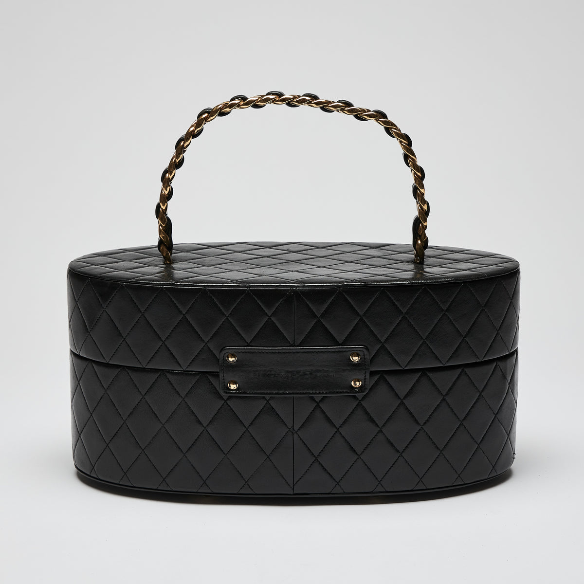Pre-Loved Black Quilted Leather Oval Top Handle Vanity Case.(back)