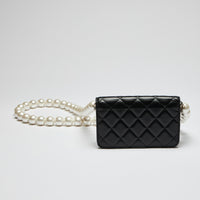 Excellent Pre-Loved Black Lambskin Quilted Leather Mini Bag with Oversized Faux Pearl Shoulder Strap. (back)