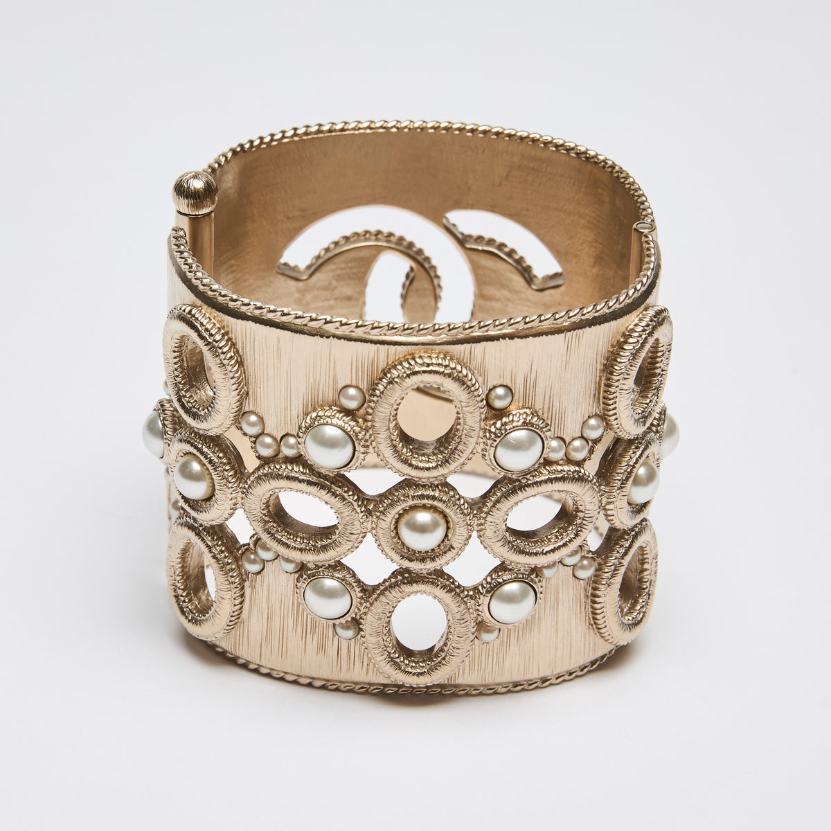 Pre-Loved Chanel™ Gold Logo Cut Out Cuff with Pearls