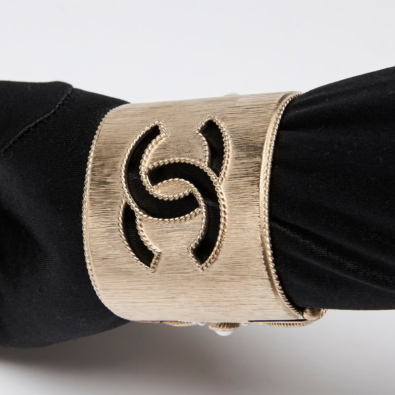 Pre-Loved Chanel™ Gold Logo Cut Out Cuff with Pearls