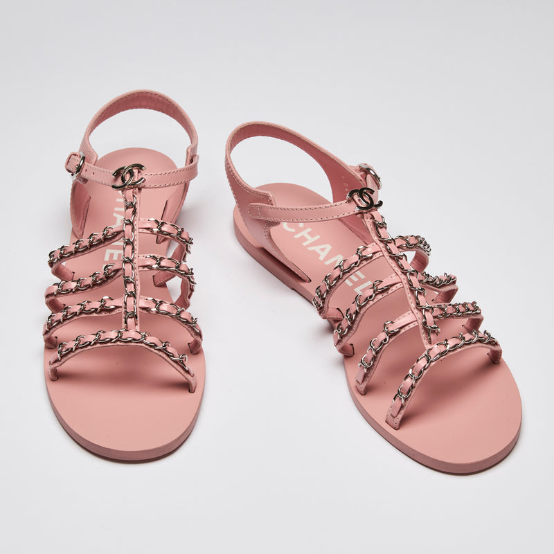 Pre-Loved Chanel™ Pink Leather Chain Sandals Size 40.5(front)