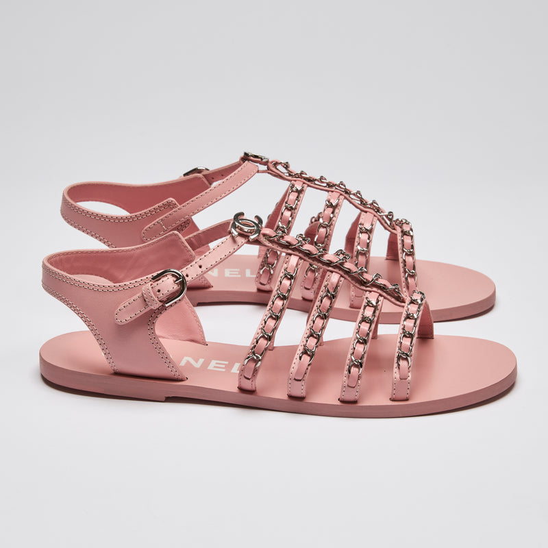 Pre-Loved Chanel™ Pink Leather Chain Sandals Size 40.5 (side)