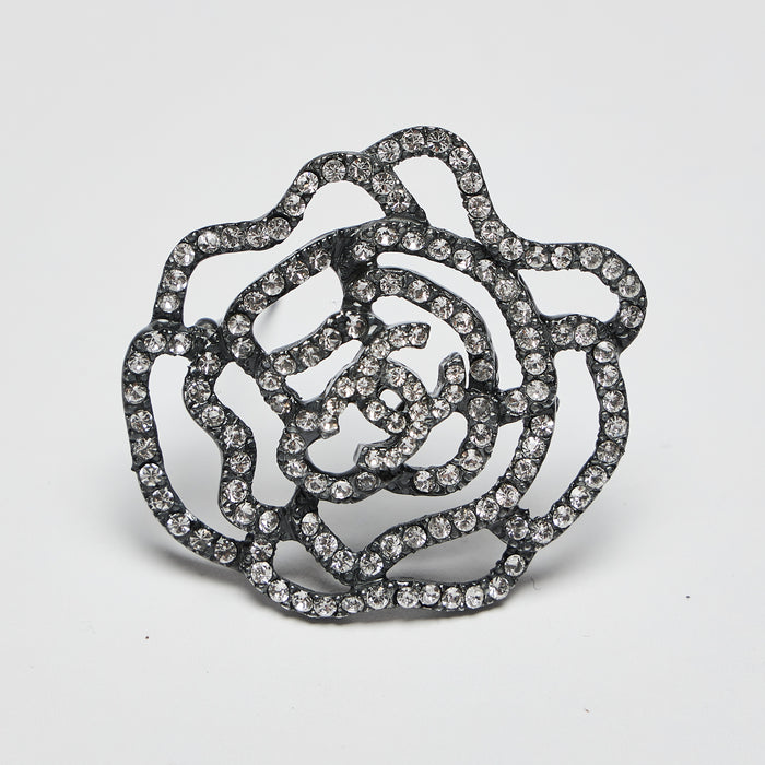 Excellent Pre-Loved Dark Silver Tone Camellia Cut Out Brooch with Crystals Embellished.(front)