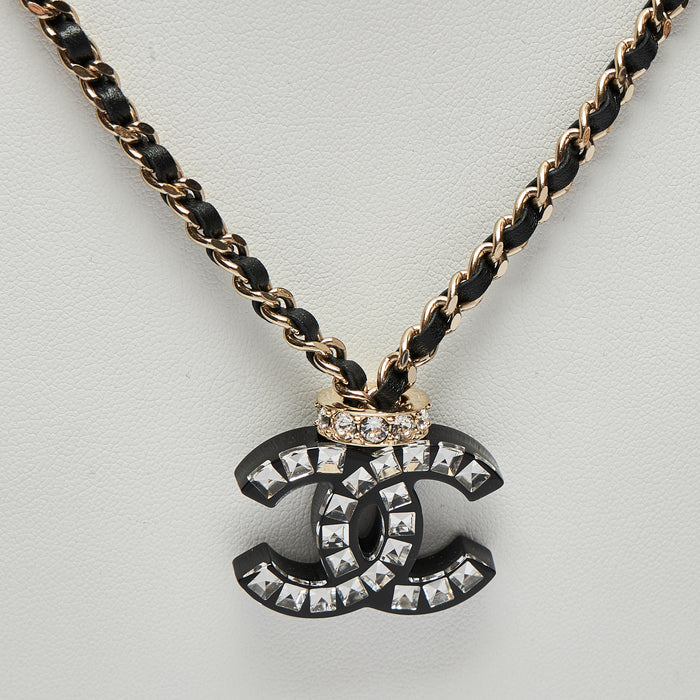 Excellent Pre-Loved Black Resin Logo Pendant Embellished with White Crystals Paired with Leather Interlaced Chain Necklace(pendant)