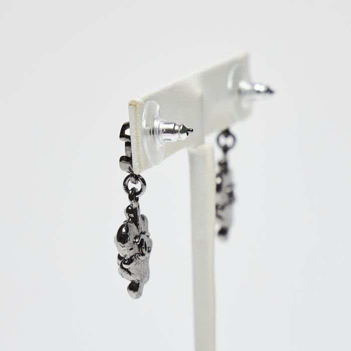 Excellent Pre-Loved Dark Shiny Silver Tone Logo Earrings with Crystal Clustered Drop.(side)