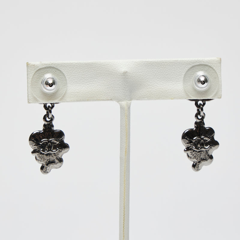 Excellent Pre-Loved Dark Shiny Silver Tone Logo Earrings with Crystal Clustered Drop.(back)
