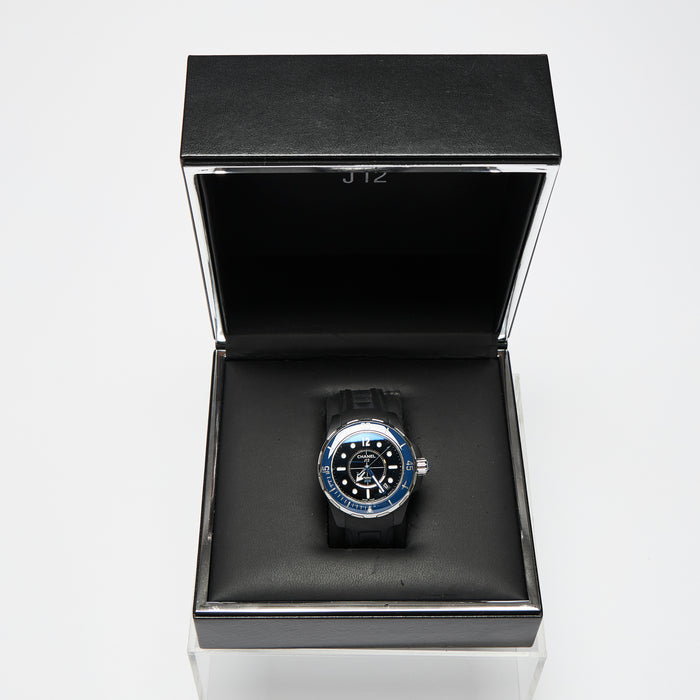 Excellent Pre-Loved Marine Blue Face Automatic Watch with Black Rubber Strap. (front)