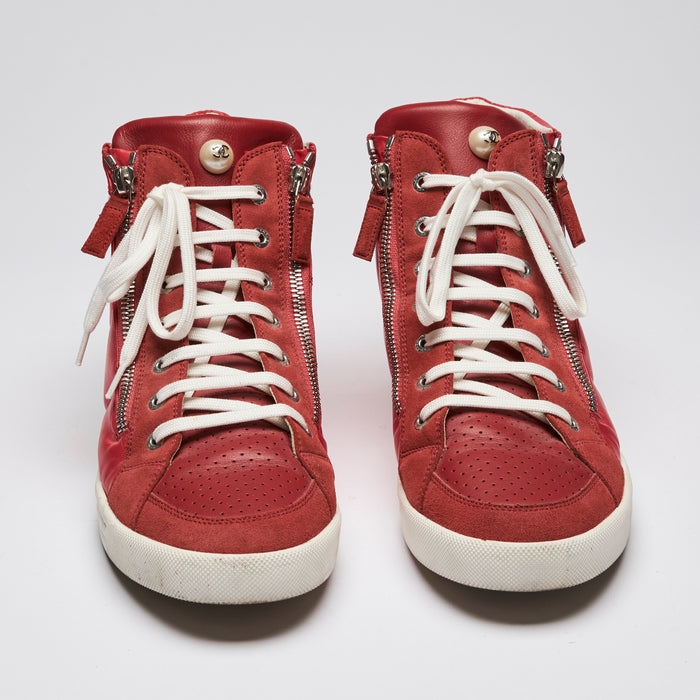 Pre-Loved Chanel™ Red Leather High Top Sneakers Size 41