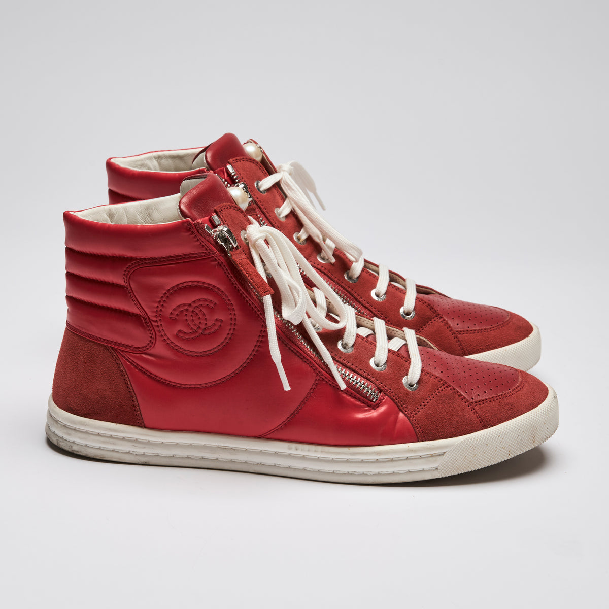 Pre-Loved Chanel™ Red Leather High Top Sneakers Size 41