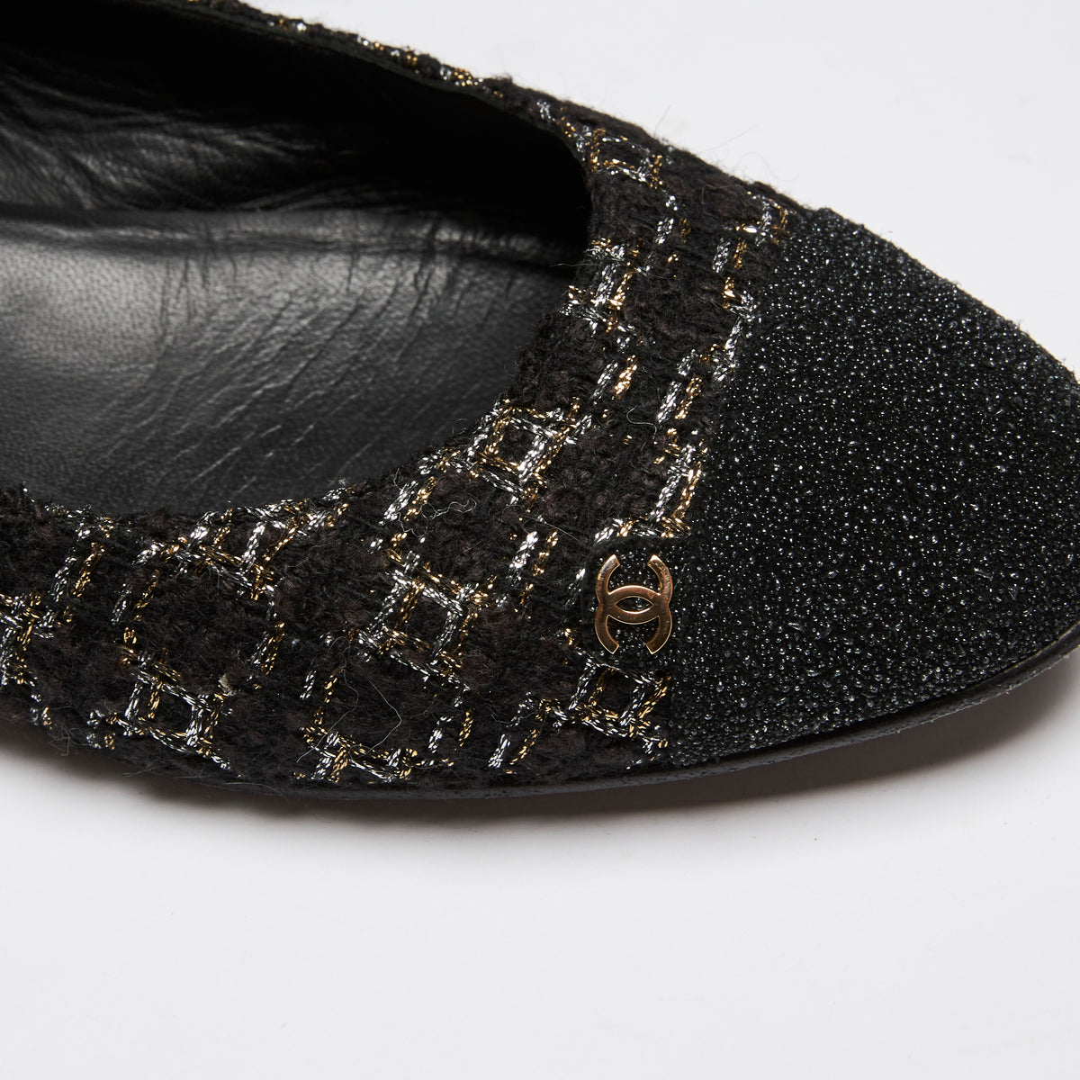 Pre-Loved Chanel™ Black Tweed Cap Toe Ballerina Flats Size 40