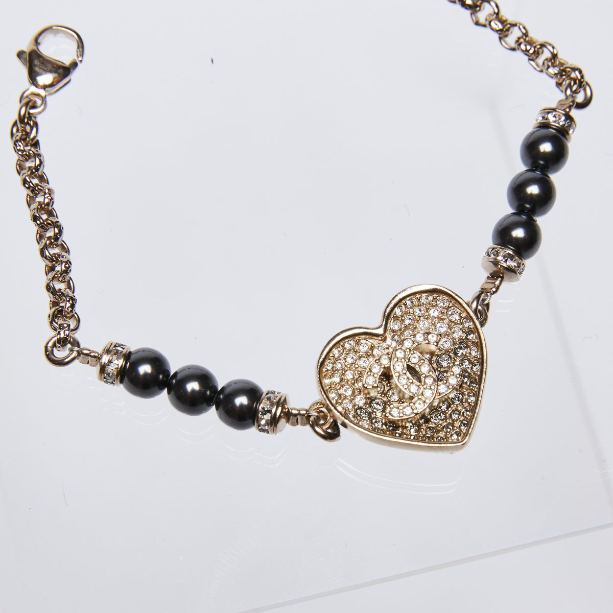 Excellent Pre-Loved Dark Silver Mini Pearls and Crystal Embellished Hear Motif Chain Bracelet(close up)