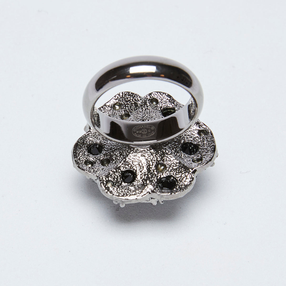 Excellent Pre-Loved Black Crystal Embellished Ring with Dark Shiny Silver Hardware(stamp)