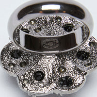 Excellent Pre-Loved Black Crystal Embellished Ring with Dark Shiny Silver Hardware(stamp close up)