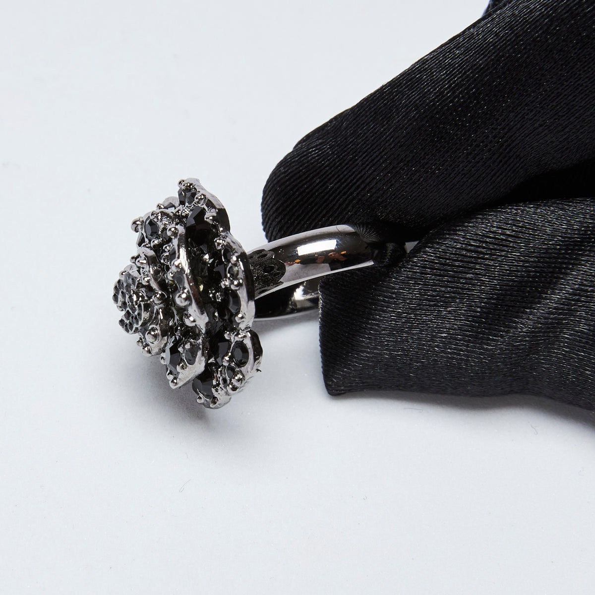 Excellent Pre-Loved Black Crystal Embellished Ring with Dark Shiny Silver Hardware(side)