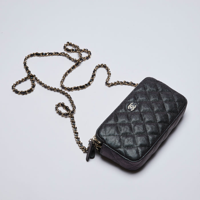 Excellent Pre-Loved Black Metallic Pebbled Leather Double Zip Chain Pouch. (front)
