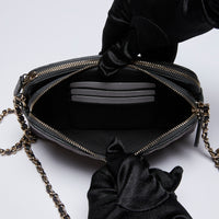 Excellent Pre-Loved Black Metallic Pebbled Leather Double Zip Chain Pouch. (interior)