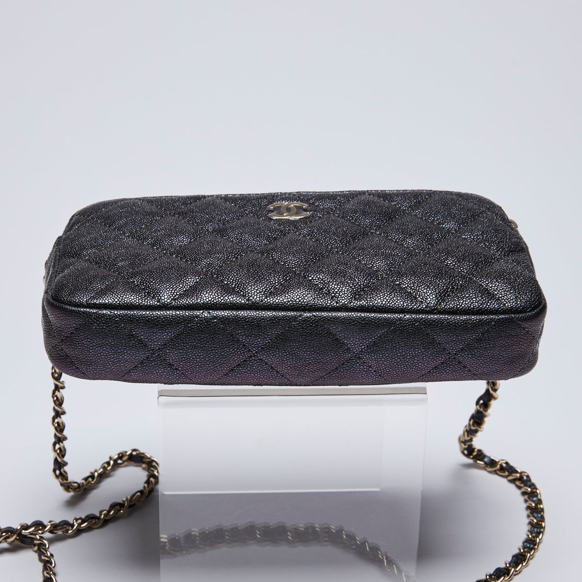 Excellent Pre-Loved Black Metallic Pebbled Leather Double Zip Chain Pouch.  (bottom)