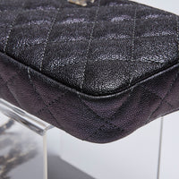 Excellent Pre-Loved Black Metallic Pebbled Leather Double Zip Chain Pouch.  (corner)