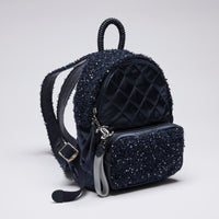 Excellent Pre-Loved Blue Sequin Tweed and Quilted Satin Panel Back Pack. (Front)