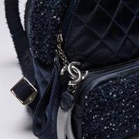 Excellent Pre-Loved Blue Sequin Tweed and Quilted Satin Panel Back Pack. (close up)