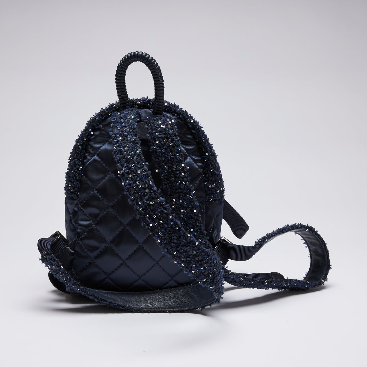 Excellent Pre-Loved Blue Sequin Tweed and Quilted Satin Panel Back Pack. (back)