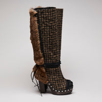 Pre-Loved Chanel™ Tweed Fantasy Fur High Boots Camel Marron Size 37