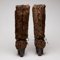 Pre-Loved Chanel™ Tweed Fantasy Fur High Boots Camel Marron Size 37