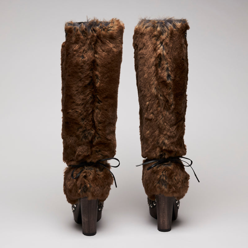 Pre-Loved Chanel™ Tweed Fantasy Fur High Boots Camel Marron Size 37