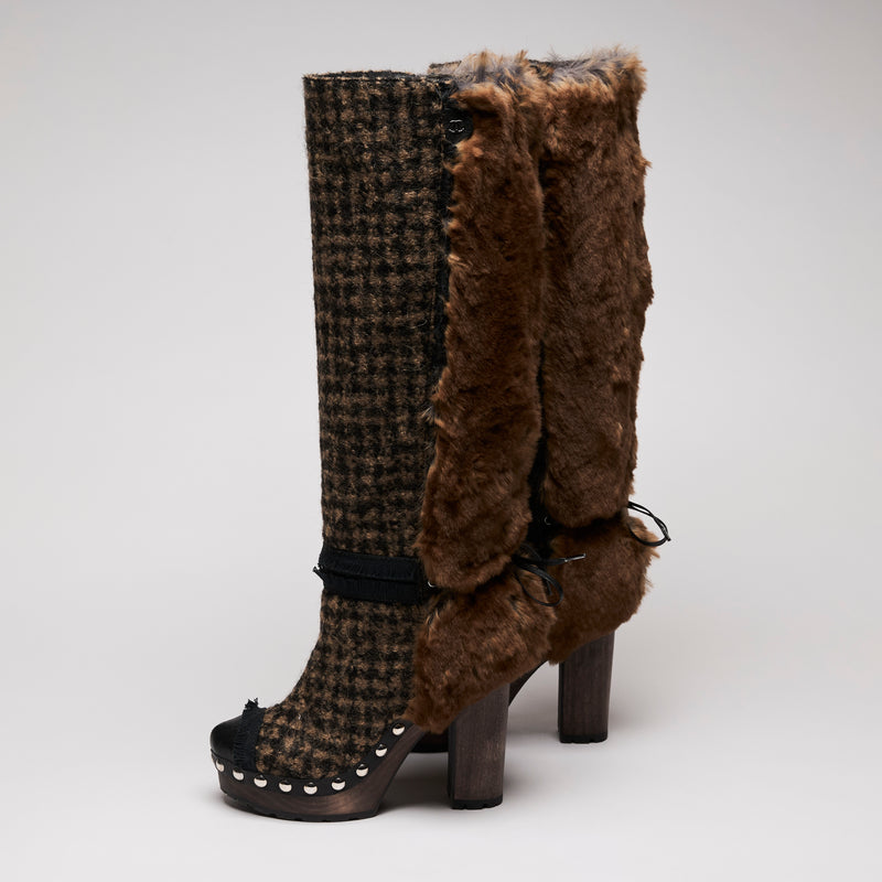 Pre-Loved Chanel™ Tweed Fantasy Fur High Boots Camel Marron Size 37