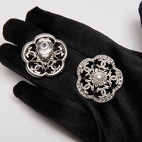 Pre-Loved Chanel™ Pearl & Strath Silver Metal Camellia Rhinestone Earrings(back and front)