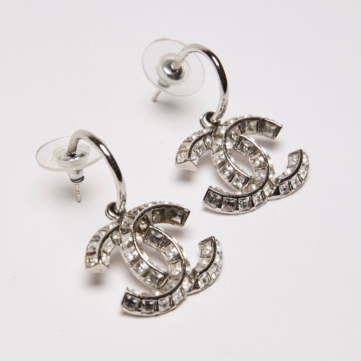 Pre-Loved Chanel™ Silver Princess Square Faux Crystal Earrings(front)