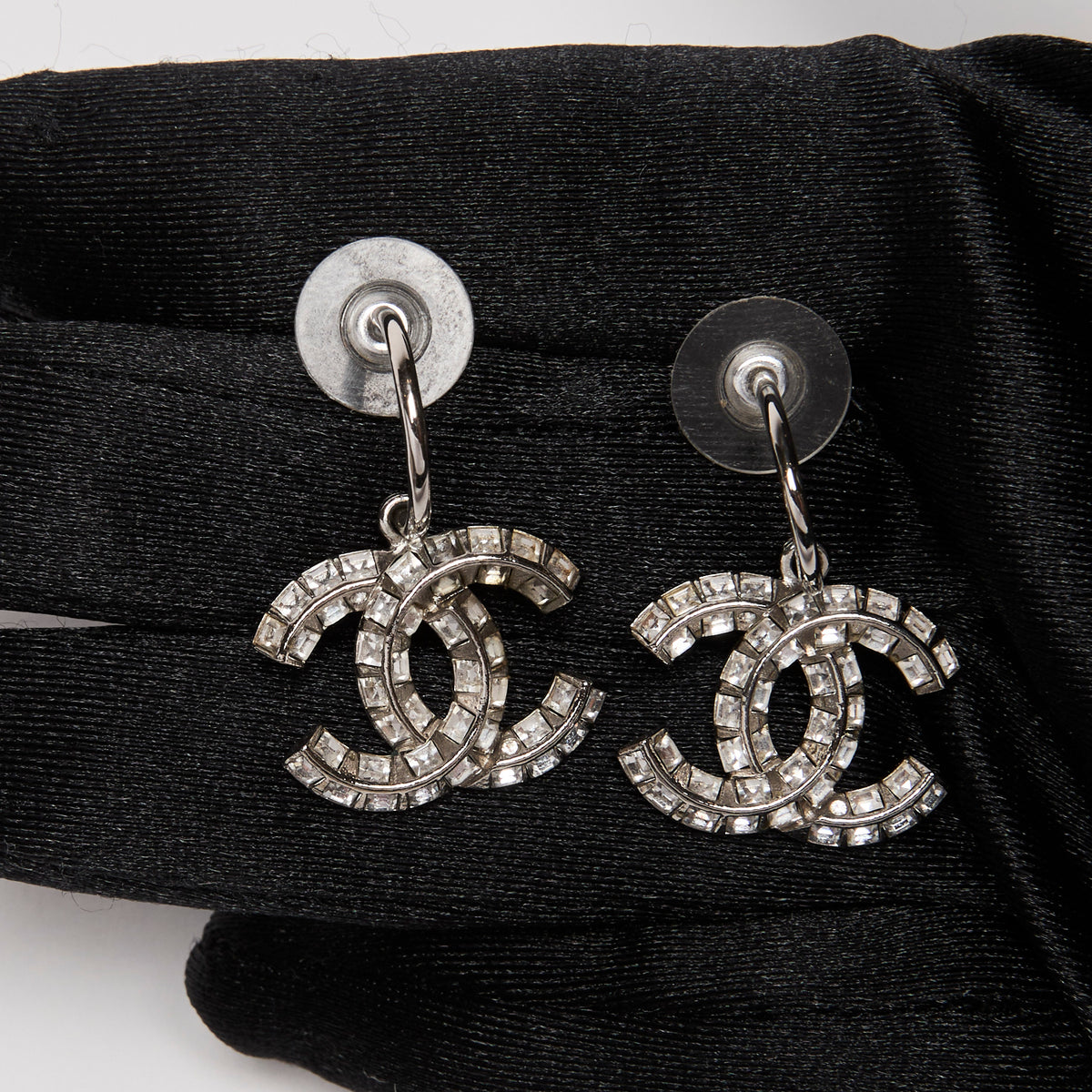 Pre-Loved Chanel™ Silver Princess Square Faux Crystal Earrings(front)