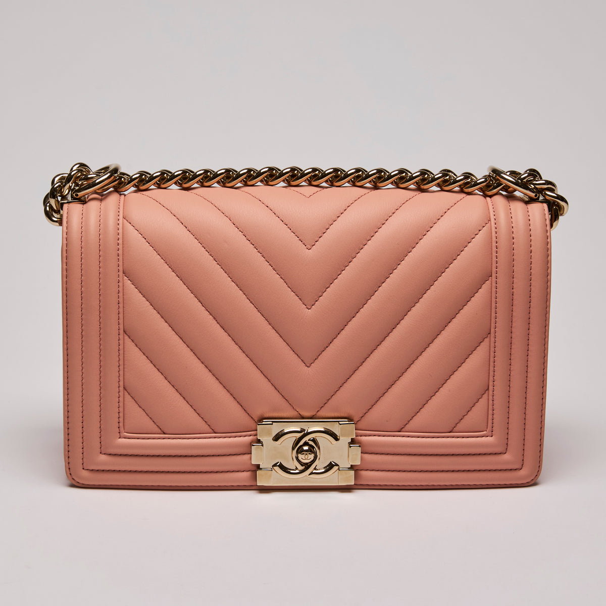 Pre-Loved Chanel™  Chevron Quilted Boy Flap Bag Peach (Front)