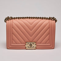 Pre-Loved Chanel™  Chevron Quilted Boy Flap Bag Peach (Front)