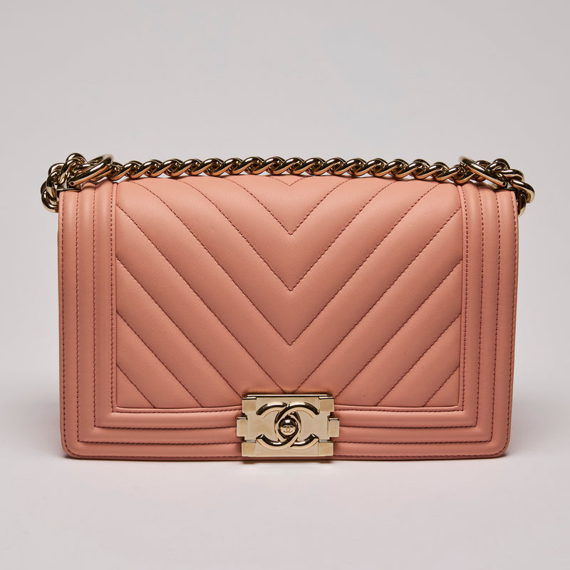 Pre-Loved Chanel™  Chevron Quilted Boy Flap Bag Peach (Front)