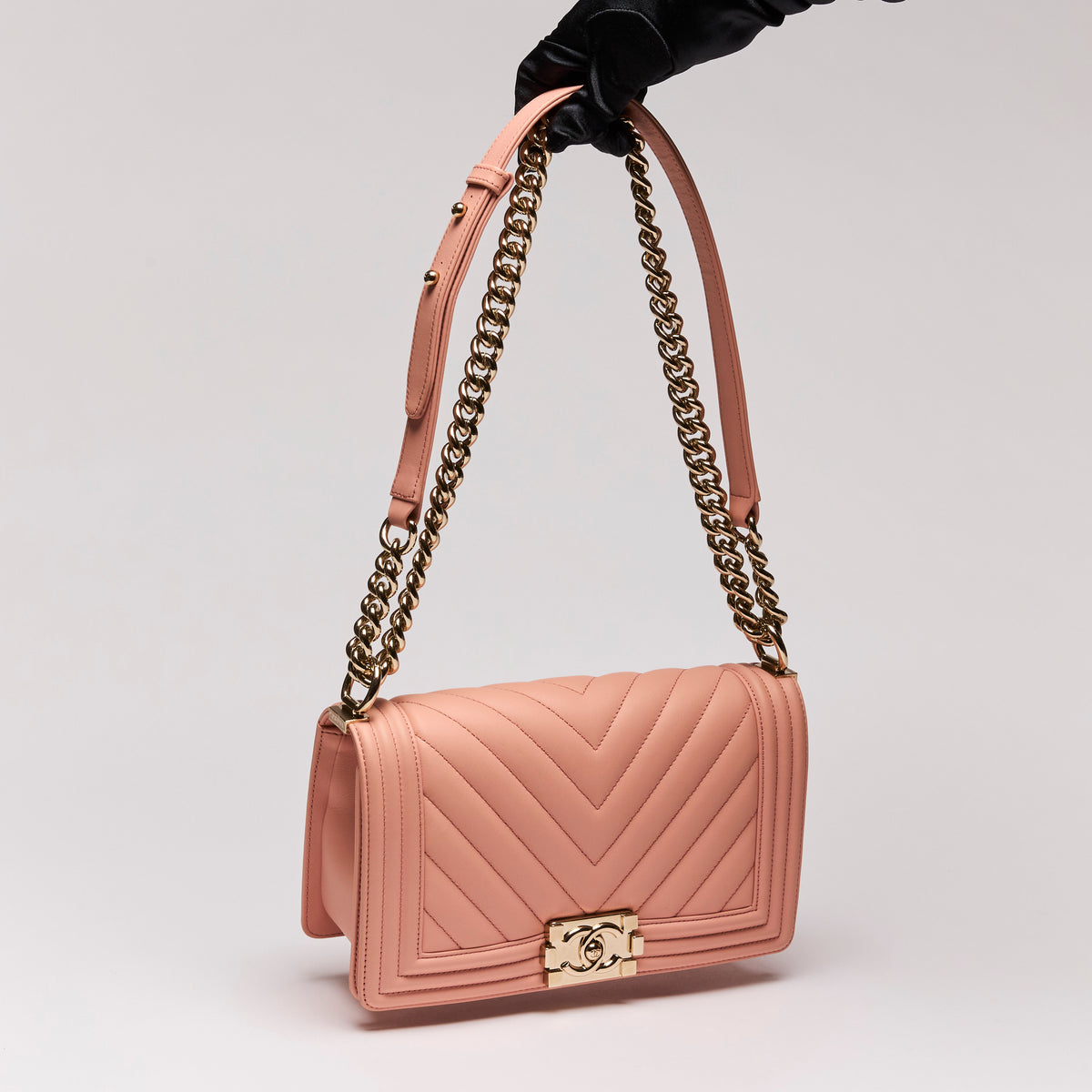 Pre-Loved Chanel™  Chevron Quilted Boy Flap Bag Peach (Front)