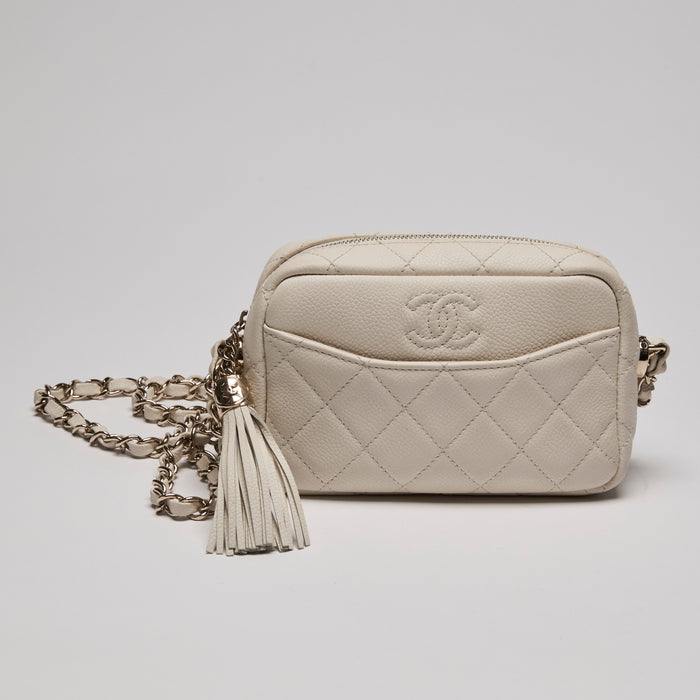 Pre-Loved Chanel™  Quilted Mini Coco Tassel Camera Case White (Front)